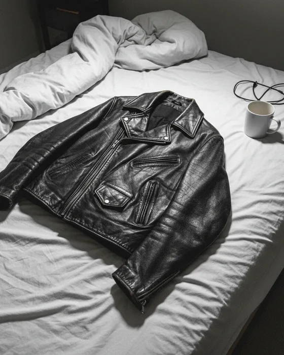 A phone snapshot of the jacket dumped on an unmade bed in a dim bedroom
